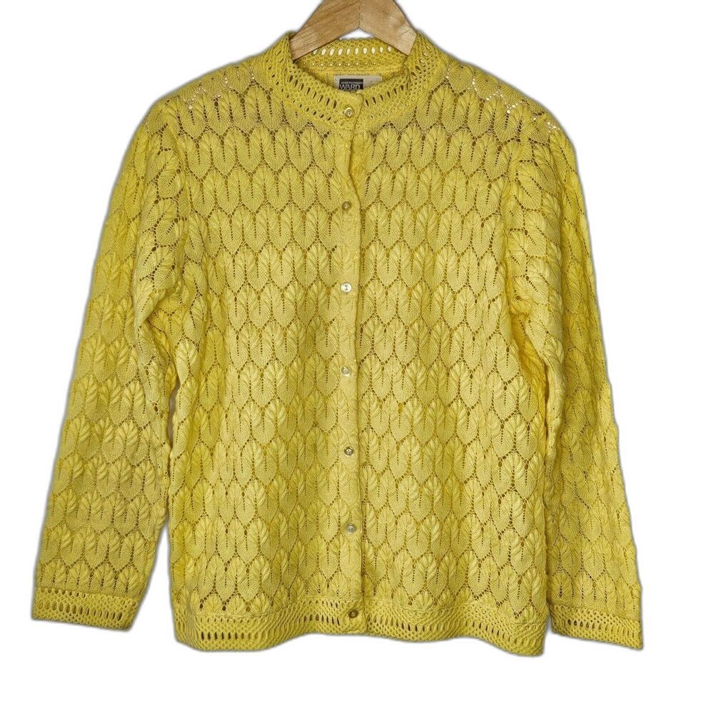 Vintage Montgomery Ward Yellow Knit Cardigan Openwork Button Sweater Size‎ 38
